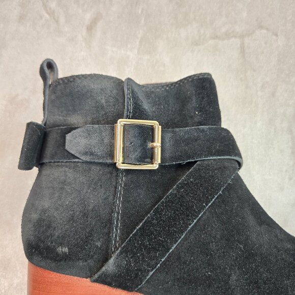 Kate Spade Moto Ankle Boots 8 Black Suede Low Block Heel Dressy Chic Bow Booties - Picture 9 of 13